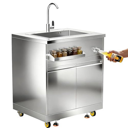 BODEGA Stainless Steel Kitchen Sink with Hose Hook Up, Outdoor Kitchen cabinets with Ample Storage Space, All-Weather Single Bowl Commercial Sink Cabinet Bottle Opener & Spice Rac,Brake Wheels.