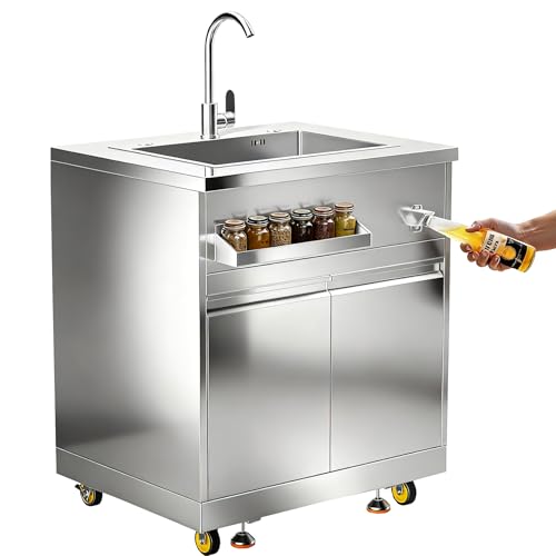 BODEGA Stainless Steel Kitchen Sink with Hose Hook Up, Outdoor Kitchen cabinets with Ample Storage Space, All-Weather Single Bowl Commercial Sink Cabinet Bottle Opener & Spice Rac,Brake Wheels.