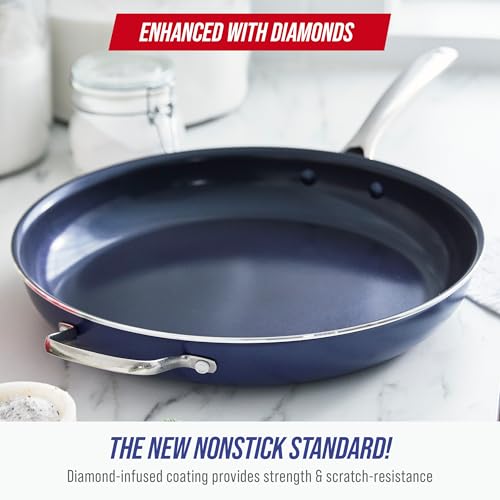 Blue Diamond Ceramic Nonstick 14" Frying Pan Skillet, PFAS-Free Cookware, Jumbo Cooker with Helper Handle, For Large & Family Sized Meals, Dishwasher & Oven Safe, Blue