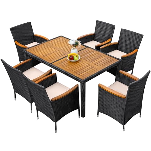 Greesum 7 Pieces Outdoor Patio Dining Set, Conversation Sets with 1 Table and 6 Rattan Chairs with Curved Acacia Wooden Armrests and Cushions, Black