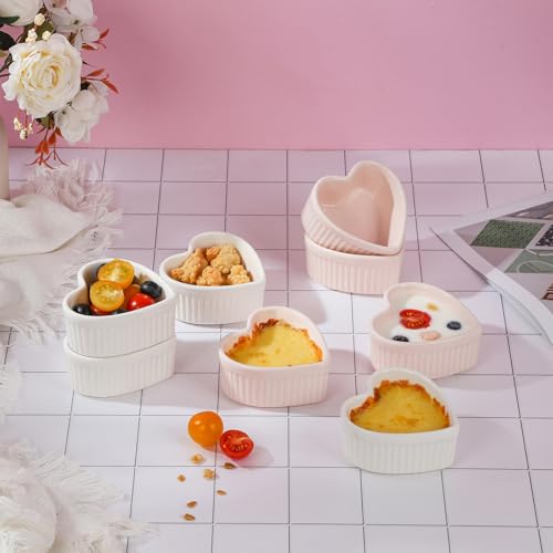 VanEnjoy 4 pack 5oz Heart Shaped Ramekins Ceramic Bowl Bakeware for Souffle Creme Brulee Oven and Dishwasher Safe Baking Dishes Cute White Cookware for Kitchen