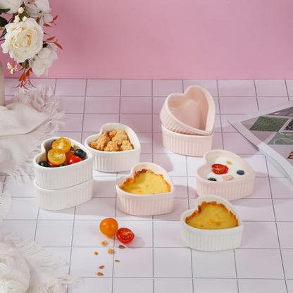 VanEnjoy 4 pack 5oz Heart Shaped Ramekins Ceramic Bowl Bakeware for Souffle Creme Brulee Oven and Dishwasher Safe Baking Dishes Cute White Cookware for Kitchen