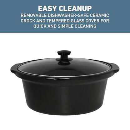West Bend Slow Cooker 6-Quart Manual Crockery Style with Dishwasher Safe Oval Ceramic Crockpot and Glass Lid Two Temperature Settings Plus Keep Warm, 330-Watts, Black