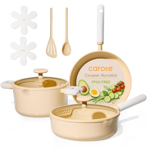 CAROTE Pots and Pans Set Nonstick, Ceramic Cookware Set, Yellow Cooking Set Kitchen Induction Set with Steamer, PFAS PTFE Free,9 Piece
