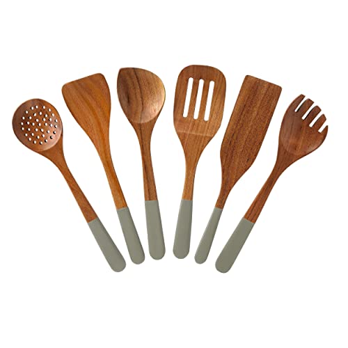 Folkulture Wooden Spoons for Cooking or Cooking Utensils Set, Set of 6 Wooden Cooking Spoons for Kitchen, Non-Stick Cookware Set or Wooden Spoon Set with Spurtle,Fork, Spatula and Strainer (Gray)