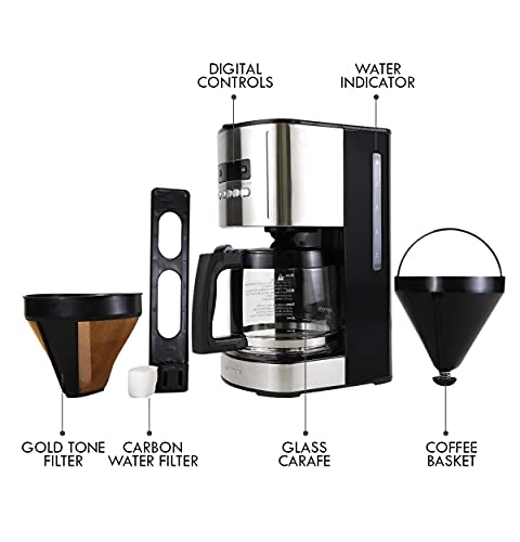 Koolatron Kenmore Drip Coffee Maker - 12 Cup Programmable Cafe Machine With Glass Pot, Regular & Bold Brew, Auto Shut Off Large Water Reservoir, Reusable Filter, Kitchen Appliances, Black