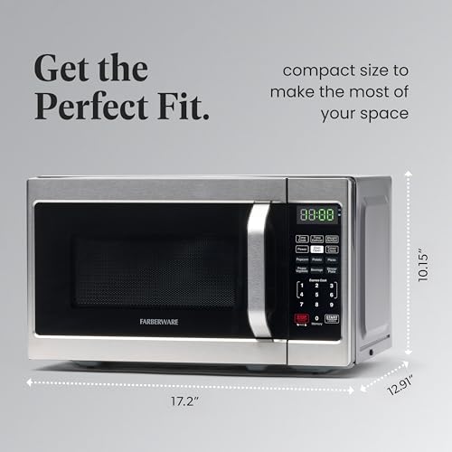 Farberware 0.7 Cu. Ft. Countertop Microwave Oven – 700 Watts Power, Auto Cook Settings, Defrost, Easy Clean and Child Safety Lock - Stainless