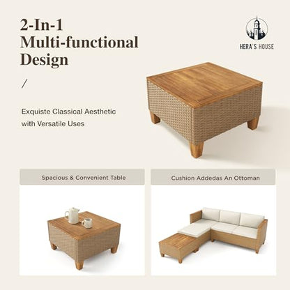 HERA'S HOUSE Small Patio Furniture Set, 3 Pieces Wicker Outdoor Sectional Sets,Yellow Rattan Conversation Set with Sofa and Coffee Table for Garden and Backyard, l Shape Boho Balcony Couch Sets