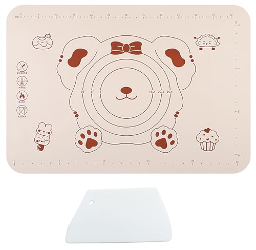 Silicone Dough Mat and Scraper, 25.6 Inch x 17.7 Inch Beige Pastry Mat with Size Scale, Anti Stick and Anti Slip Mat for Kneading Baking in Ketchen, Picnic and Party (L)
