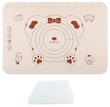 Silicone Dough Mat and Scraper, 25.6 Inch x 17.7 Inch Beige Pastry Mat with Size Scale, Anti Stick and Anti Slip Mat for Kneading Baking in Ketchen, Picnic and Party (L)