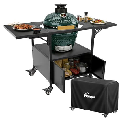 Outdoor Grill Cart for Big Green Egg Style| Egg BBQ Grill with a Cover| 3-Duty Storage| 2 Sided Prep Table| 530Lbs&Heavy Duty Metal |Outside-in Easy Assembly| Compatible with Big Green Egg, Kamado Joe