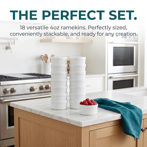 18 Pcs 4 oz Porcelain Ramekins, Oven-Safe Creme Brulee Dishes, Classic White Ramekin Set for Baking, Soufflé, Appetizers, Custard, Pudding, and Dipping Bowls