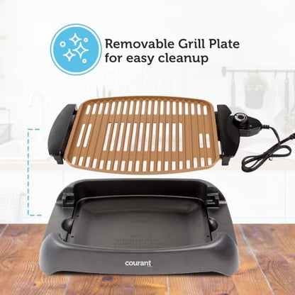 Courant smokeless indoor Electric grill, Copper Non-stick Coating Extra Large and Adjustable Temperature Control, Grill BBQ, Table Top Indoor Grill
