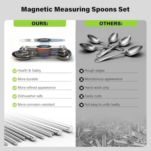 Stainless Steel Magnetic Measuring Spoons Set of 9 with Leveler,Dual Sided, Stackable, Adjustable Teaspoon and Tablespoon, Measuring Liquids and Dry Ingredients, Baking& Cooking Gadgest,Multicolor