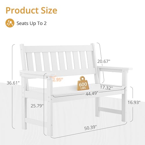 LUE BONA Outdoor Bench, 2-Person HDPS Garden Bench, Outdoor Benches Weatherproof, All-Weather Fade/Rot Resistant Patio Bench for Park, Front Porch, Backyard (White)