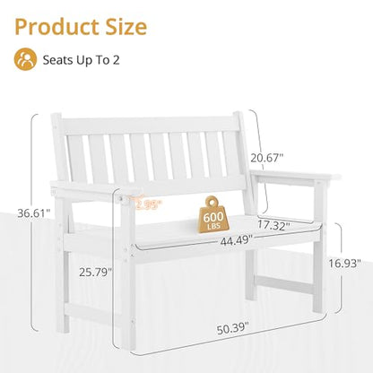 LUE BONA Outdoor Bench, 2-Person HDPS Garden Bench, Outdoor Benches Weatherproof, All-Weather Fade/Rot Resistant Patio Bench for Park, Front Porch, Backyard (White)