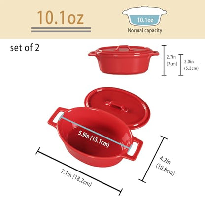 jinsongdafa Ceramic Mini Oval Cocotte Set, 10 Ounces Small Casserole Dishes with Lids and Handles, Individual Baking Ramekins, Oven, Microwave & Dishwasher Safe, Red 7.1 Inch