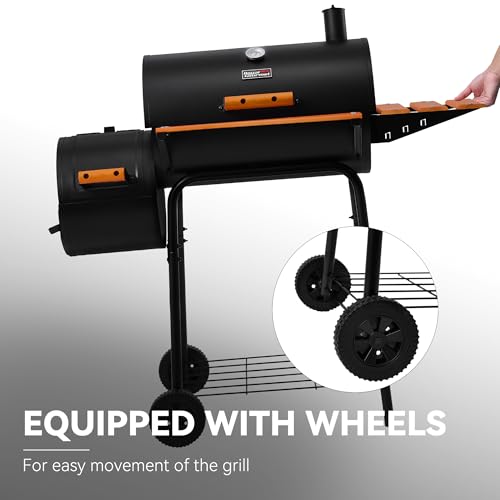 Royal Gourmet CC1624W Barrel Charcoal Grill with Offset Smoker, 552 Sq. In. Cooking Area, Wooden Front and Side Shelf with Hooks, Mesh Bottom Shelf, Charcoal Grill for Outdoor Grilling, Black