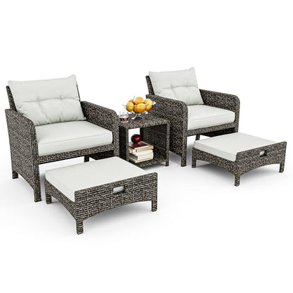 Pamapic Outdoor Furniture 5 Piece Patio Conversation Set, Wicker Rattan Patio Set with Soft Cushions & Coffee Table, Balcony Furniturefor with 2 Ottoman for Porch, Garden, Lawn (Grey)