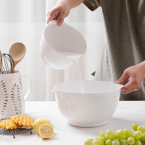 ZAROCRUS Nesting Mixing Bowls Set, 3 Piece Melamine Bowls Set, 2.5 quart, 3.5 quart, 4.5 quart, Non Slip Base with Easy Pour Spout, Kitchen Cooking and Baking Supplies, White