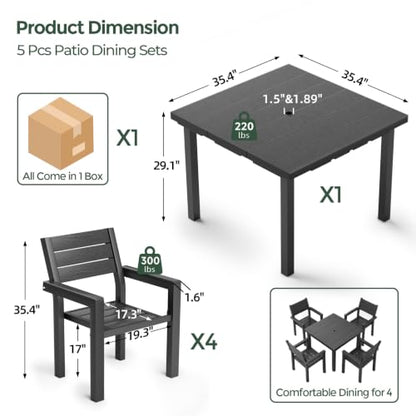 5-Piece Patio Dining Set for 4, Wood-Grain HDPE Outdoor Table and Chairs