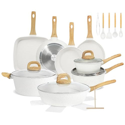 EWFEN Nonstick Pots and Pans Set, 25-Piece Ceramic Cookware Set, Induction Kitchen Cooking Set with Frying Pans Saucepans & Utensils, Healthy Non-toxic, PFAS/PTFE/PFOA Free, White