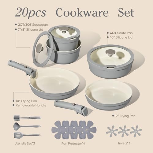 Carote 20pcs Ceramic Cookware Set with Detachable Handles, Pots and Pans Set Non Stick, RV Kitchen Cooking Pot and Pan, Dishwasher Safe, Non-toxic Induction Cookware PFAS and PFOA Free, Grey