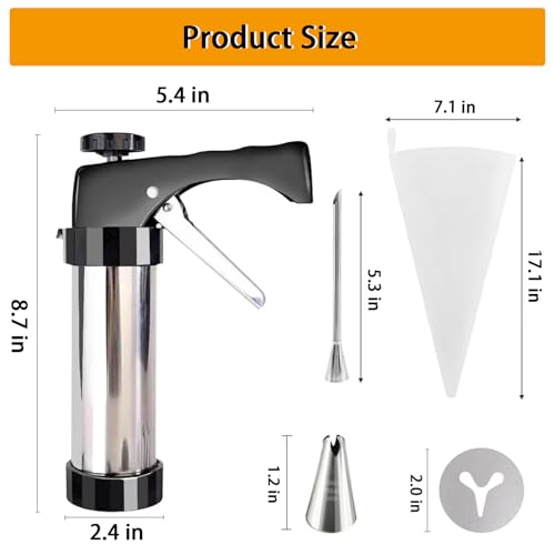 Stainless Steel Spritz Cookie Press Gun Kit, with Piping Bag, 8 Piping Nozzles, 13 Cookie Discs and Cleaning Brush, 3-in-1 Multifunctional Cookie Press