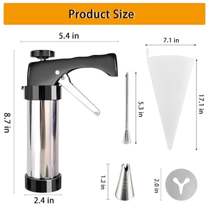 Stainless Steel Spritz Cookie Press Gun Kit, with Piping Bag, 8 Piping Nozzles, 13 Cookie Discs and Cleaning Brush, 3-in-1 Multifunctional Cookie Press