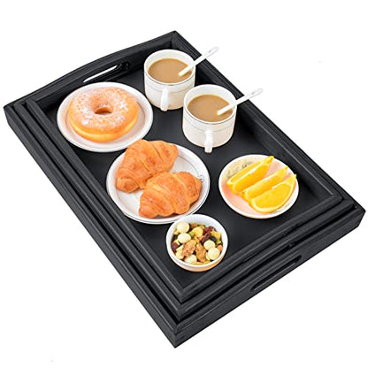 3 Pack Bamboo Serving Trays with Handles, Rectangular Kitchen Food Tray for Eating, Dinner Trays for Eating on Couch, Wood Serving Platter for Breakfast, Tea, Bar, Restaurant, Party or Bed (Black)