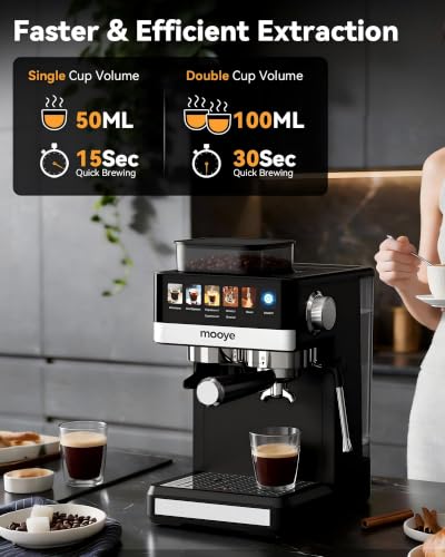 Mooye Espresso Machine with Grinder, 20 Bar Coffee Maker with Milk Frother