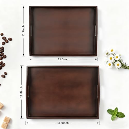 Bamboo Serving Tray with Handles, Set of 2 Wood Serving Trays for Food & Coffee, Elegant Wooden Tray for Breakfast in Bed, Kitchen & Party & Entertaining - Black Walnut Finish