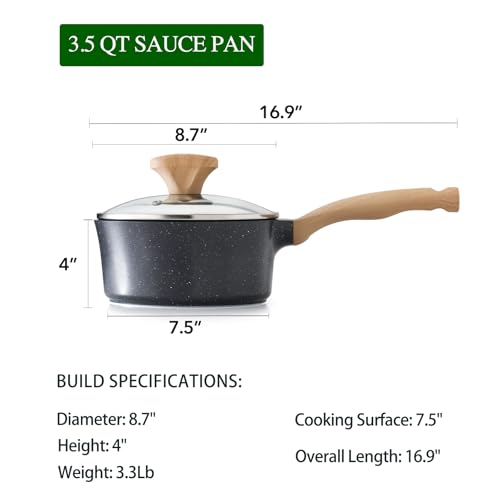 AnimoZest Nonstick Saucepan with Lid, 3.5 Quart German Greblon Ceramic Sauce Pan, Non Toxic Sauce Pot with Cover for Multipurpose Use, PTFE, PFOA & PFAS Free, Induction Compatible.