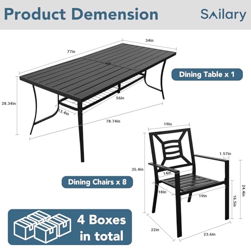 SAILARY 9 Pieces Patio Dining Set for 8, Large 77" Outdoor Metal Table with Universa Umbrella Hole & Stackable Iron Chairs, Patio Furniture Set for Deck, Backyard, Yard, Porch