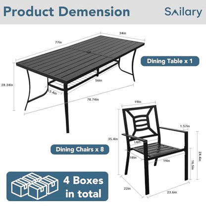 SAILARY 9 Pieces Patio Dining Set for 8, Large 77" Outdoor Metal Table with Universa Umbrella Hole & Stackable Iron Chairs, Patio Furniture Set for Deck, Backyard, Yard, Porch
