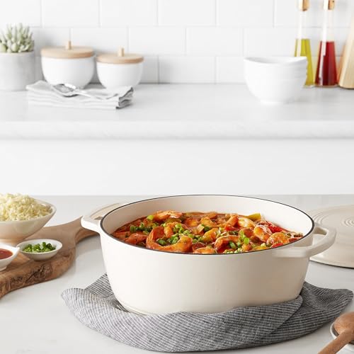 Amazon Basics Enameled Cast Iron Dutch Oven Pot with Lid, Dual Handles, Heavy-Duty, Oven Safe for Stews, Roasting, Baking, 7.3-Quart, White