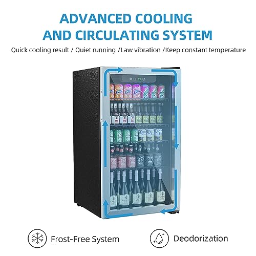Erivess Beverage Refrigerator and Cooler, 110 Can/3.1 Cu Ft Mini Fridge with Glass Door, Adjustable Shelves for Soda,Bee,Wine, Free Standing Small Refrigerator, Digital Display, for Home, Bar, Office