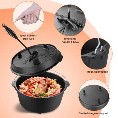 LIFERUN Dutch Oven Pot with Lid, 13.2 Quart Cast Iron Dutch oven, with Lid Lifter Handle & Stand and Dual Function Griddle for Home Cooking BBQ Baking, black