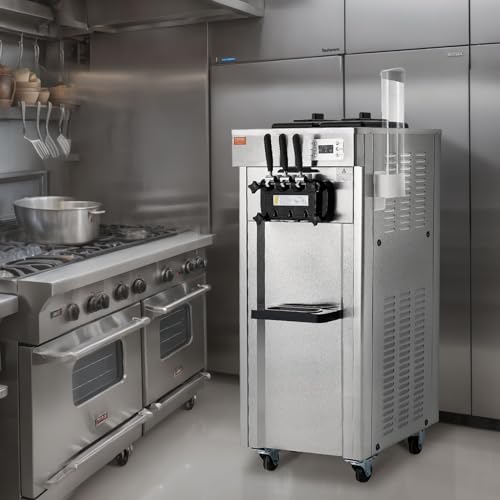 VEVOR 1850W Commercial Soft Ice Cream Machine 3 Flavors 5.5 to 8.2Gallon per Hour PreCooling at Night Auto Clean LCDPanel for Restaurants Snack Bar, Sliver
