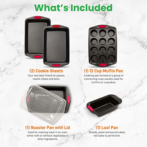 NutriChef 6-Piece Baking Pan Set - Carbon Steel Stackable Bakeware with Red Silicone Handles & Nonstick Coating, Includes Cookie Sheets, Roaster Pan with Lid, Loaf Pan, and 12 Cup Muffin Pan (Black)