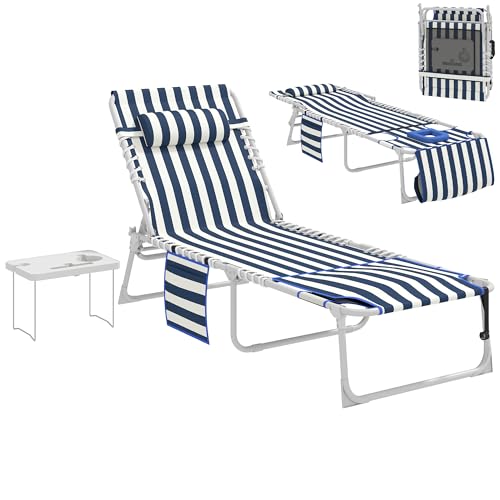 Outsunny Tanning Chair with Face Hole, Side Table, 5-Position Reclining Folding Chaise Lounge Chair Outdoor Lounger Recliner, Carry Straps for Beach Pool Camp, Oxford Fabric, Blue and White