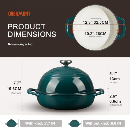 Overmont Enameled Cast Iron Bread Oven - 6QT Bread Dutch Oven for Sourdough Baking - Bread Pot with Dome Lid Cotton Potholders & Cookbook - Multi-Functional Bread Pan For Baking Frying Roasting