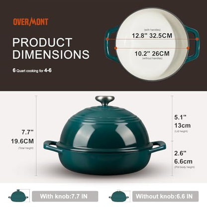 Overmont Enameled Cast Iron Bread Oven - 6QT Bread Dutch Oven for Sourdough Baking - Bread Pot with Dome Lid Cotton Potholders & Cookbook - Multi-Functional Bread Pan For Baking Frying Roasting