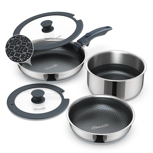 Ciwete 6-Piece Hybrid Stainless Steel Pots and Pans Set Non Stick, Tri-Ply Stainless Steel Cookware Set with Lids and Detachable Handle, PFOA Free Kitchen Skillet for All Cooktops, Dishwasher Safe