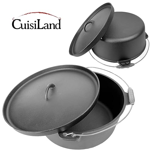 Cuisiland 12 Quart Cast Iron Dutch Oven with Lip Lid & Bail Handle – Pre-Seasoned Large Campfire Pot for Outdoor Cooking, Roasting, Baking & Stews – Heavy-Duty Cookware with Even Heat Distribution