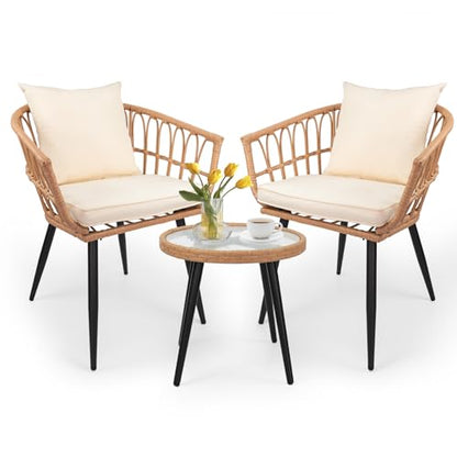 VineBreeze 3-Piece Patio Dining Set, Featuring a Round PE Rattan Table and 2 Chairs, Suitable for Bedrooms, Porches and Gardens All-Weather Furniture Set Includes Tempered Glass, Thick Cushions