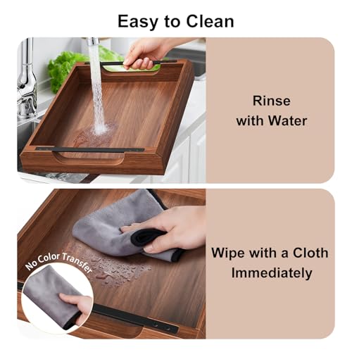 Set of 2 Acacia Wooden Ottoman Tray for Living Room, Wood Serving Tray with Handles, Decorative Coffee Table Trays for Ottoman, Large Serving Platter for Dinner, Breakfast in Bed, Kitchen Counter Top