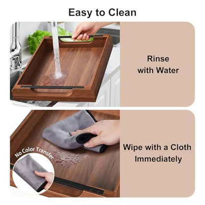 Set of 2 Acacia Wooden Ottoman Tray for Living Room, Wood Serving Tray with Handles, Decorative Coffee Table Trays for Ottoman, Large Serving Platter for Dinner, Breakfast in Bed, Kitchen Counter Top