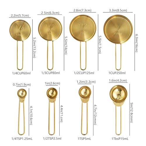 Measuring Cups and Spoons Set, Kaloo 8PCS Stainess Steel Metal Measuring Cups, Gold Finish, Ideal for Cooking and Baking