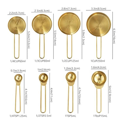 Measuring Cups and Spoons Set, Kaloo 8PCS Stainess Steel Metal Measuring Cups, Gold Finish, Ideal for Cooking and Baking